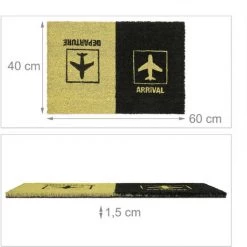Relaxdays Paillasson Coco, «Arrival Departure», Tapis De Porte Motif D’avion, Intérieur, Extérieur, 40x60 Cm, Noir/jaune -Tapis et paillasson Soldes 64506560 5