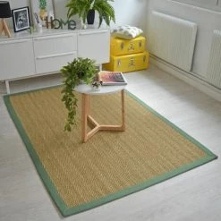 DÉCOWEB Tapis Jonc De Mer Bihar Fin Chevron - Ganse Coton Vert Olive - 120 X 170 Cm