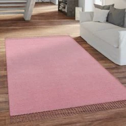 Paco Home Tapis De Salon Tissage Plat À Franges Fait Main Motif Monochrome 60x100 Cm, Rose