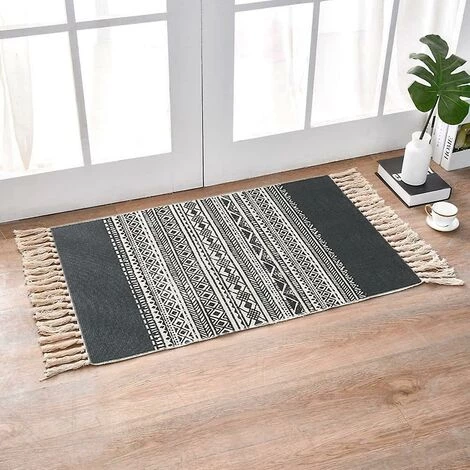 DONTODENT Tapis En Coton Tissé Avec Pompons - Cuisine Salon Chambre Buanderie Couloir (60x90cm, Bordure Noire) 1 DONTODENT Tapis En Coton Tissé Avec Pompons - Cuisine Salon Chambre Buanderie Couloir (60x90cm, Bordure Noire)