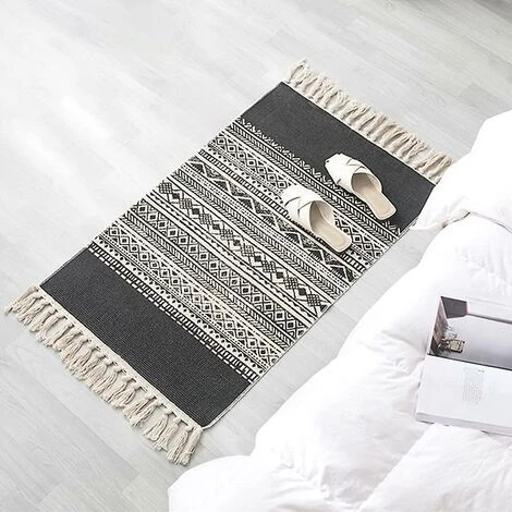 DONTODENT Tapis En Coton Tissé Avec Pompons - Cuisine Salon Chambre Buanderie Couloir (60x90cm, Bordure Noire) 3 DONTODENT Tapis En Coton Tissé Avec Pompons - Cuisine Salon Chambre Buanderie Couloir (60x90cm, Bordure Noire) – Image 3