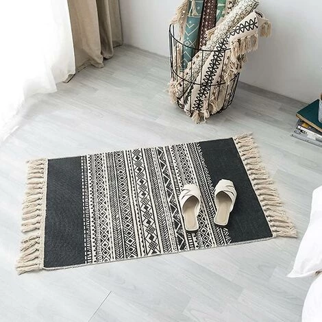 DONTODENT Tapis En Coton Tissé Avec Pompons - Cuisine Salon Chambre Buanderie Couloir (60x90cm, Bordure Noire) 4 DONTODENT Tapis En Coton Tissé Avec Pompons - Cuisine Salon Chambre Buanderie Couloir (60x90cm, Bordure Noire) – Image 4