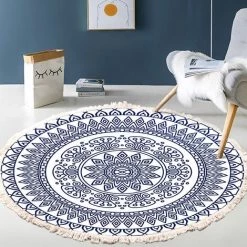 RHAFAYRE Tapis Salon Tapis Rond En Coton Tissé à La Main - Motif Mandala - Style Bohème Vintage - Avec Pompons - Lavable En Machine - Pour Chambre à Coucher, Couloir, Salon, Table Basse - 60 Cm - Fleurs XLS20