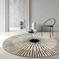 OCXIN Tapis Rond Design Moderne Pour Salon Chambre D'enfant Tapis 100 Cm Rond Blanc Noir Extérieur Géométrie Rayures Motif Tapis Décoratif Court Tapis En Peluche Paillasson Rond