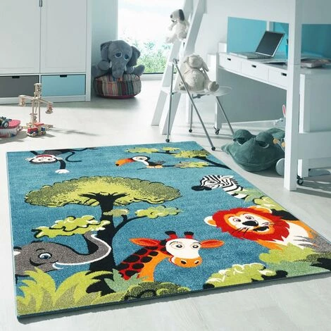 UNAMOURDETAPIS Tapis Enfant 60x110 Cm Rectangulaire KIDS SAFARI Bleu Chambre Adapté Au Chauffage Par Le Sol - Bleu 1 UNAMOURDETAPIS Tapis Enfant 60x110 Cm Rectangulaire KIDS SAFARI Bleu Chambre Adapté Au Chauffage Par Le Sol - Bleu