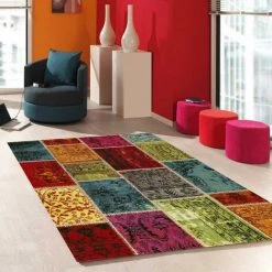 UNAMOURDETAPIS Tapis Salon 60x110 Cm Rectangulaire PATCHAWORKA 1 Multicolore Entrée Adapté Au Chauffage Par Le Sol - Multicolore