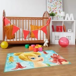 UNAMOURDETAPIS Tapis Enfant 50x80 Cm Rectangulaire FAIRIES TINKERBELL Bleu Chambre Adapté Au Chauffage Par Le Sol - Bleu