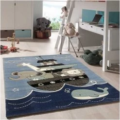 UNAMOURDETAPIS Tapis Enfant 60x110 Cm Rectangulaire ETELDA Bleu Chambre Adapté Au Chauffage Par Le Sol - Bleu